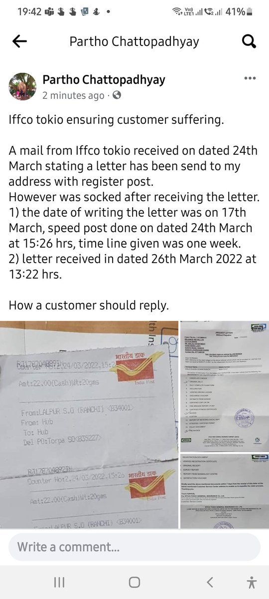 ParthoChattopa1's tweet photo. @IFFCO__TOKIO Iffco tokio ensuring customer suffering.

However was socked after receiving the letter.
1) the date of writing the letter was on 17th March, speed post done on dated 24th March at 15:26 hrs, time line given was one week.
2) letter received in dated 26th March 2022 at 13:22 hrs. https://t.co/VJN5staU3t