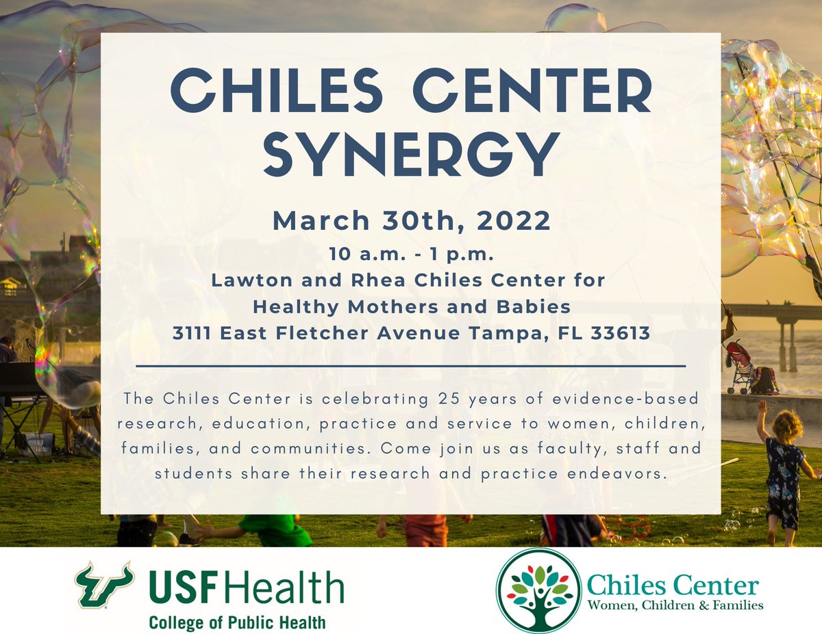We are gearing up for the Chiles Center Synergy on Wednesday, March 30th, 2022! Check out our presenter profiles and get to know more about the great work they are doing in maternal and child health.

@usfcoph 

#maternalchildhealth #women #children #research #publichealth #mch