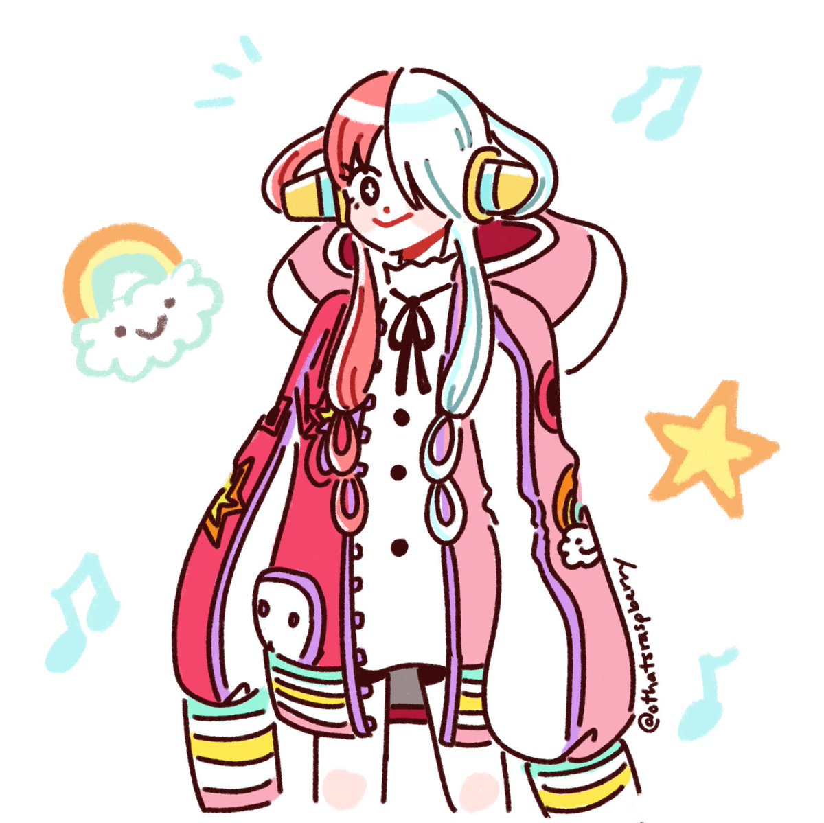 1girl white hair red hair headphones smile two-tone hair solo  illustration images