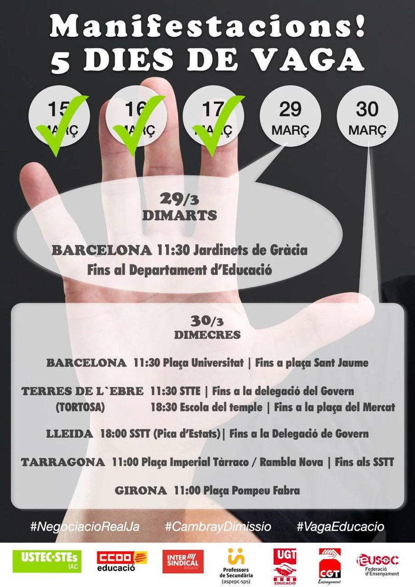 Demà, tornarem fem vaga i ens manifestarem a Barcelona perquè no accceptem que un aprenent de dictador al servei d'empreses privades destrossi l'educació pública catalana. Quina vergonya d'ERC.