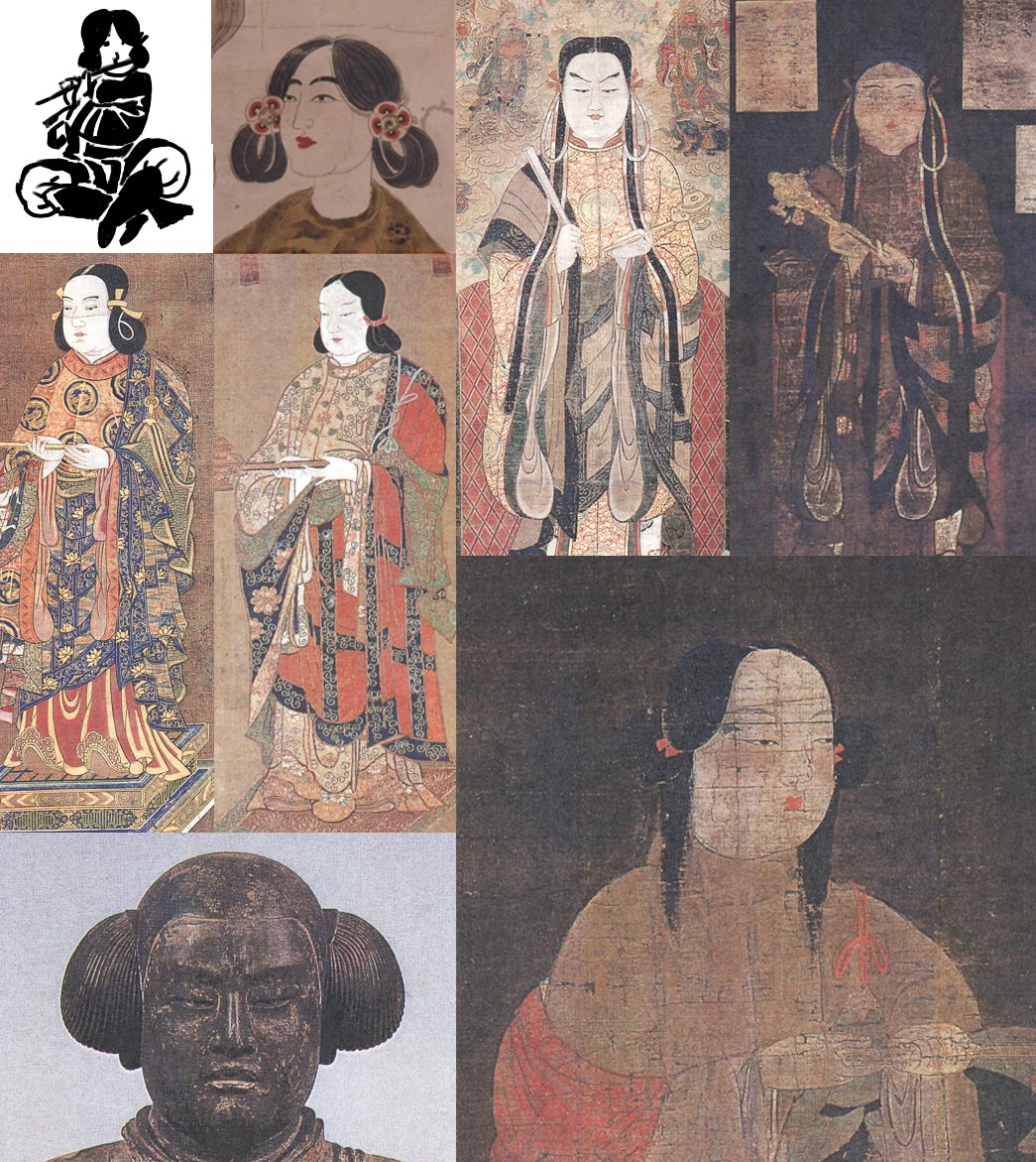 一点墨絵弾弓と太子じゃない子(唐本御影の脇にいる王子)が混じってますが、聖徳太子信仰の図像は童形が多いのでみづらや輪っかを作ってない二筋垂髪の宝庫なのです。ただどれも後世に描かれたもので、実際の厩戸王の時代の風俗をうつしたものではありません。 