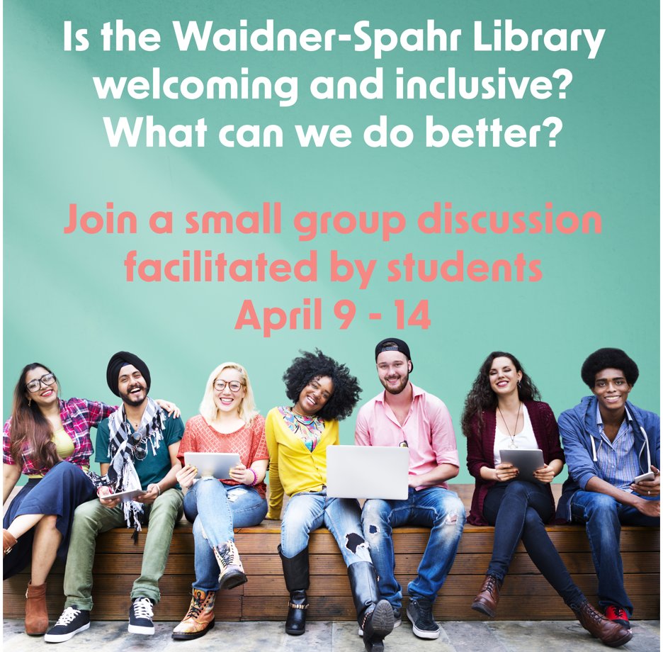 Share your experiences w/library inclusivity. Small 1 hr grp discussions led by student facilitators, will take place btwn 4/9 & 4/14 To participate, please fill out this form indicating your availability: dickinson.libwizard.com/f/discussion ?s howardj@dickinson.edu dermottm@dickinson.edu