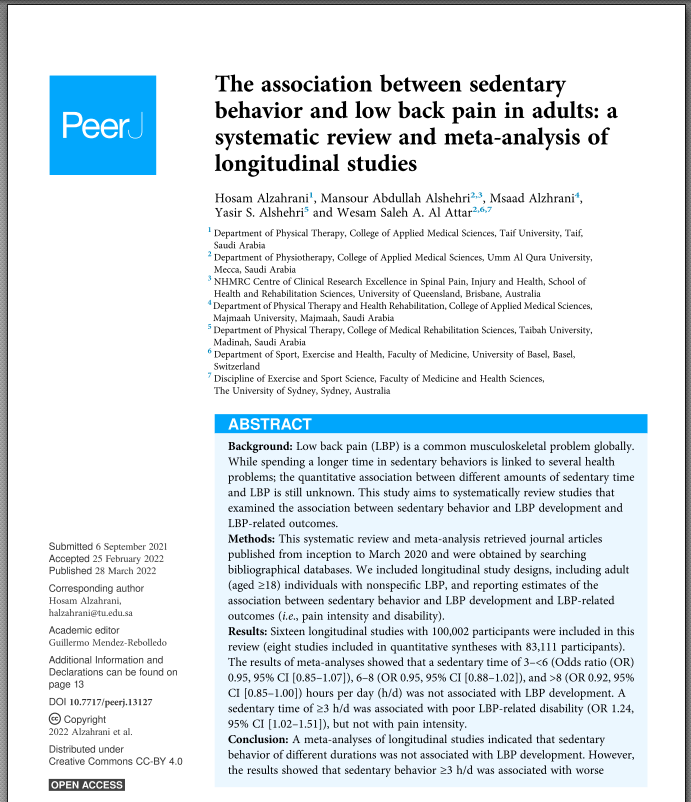 PhysioMeScience's tweet photo. The association between sedentary behavior and low back pain in adults: a systematic review and meta-analysis of longitudinal studies

👀👀👇👇

https://t.co/ESxROhiOP2 https://t.co/ed9No3d5u1