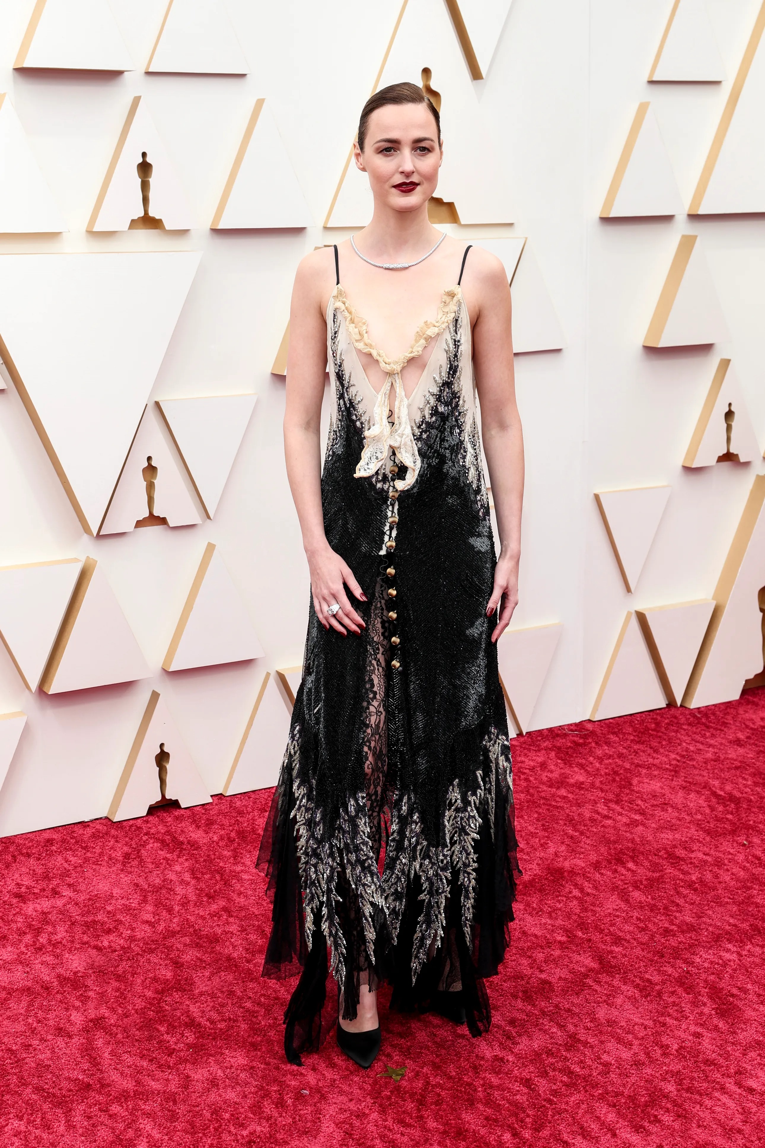 Louis Vuitton Embroidered Velvet Dress worn by Renate Reinsve on the Oscars  Red Carpet on March 27, 2022