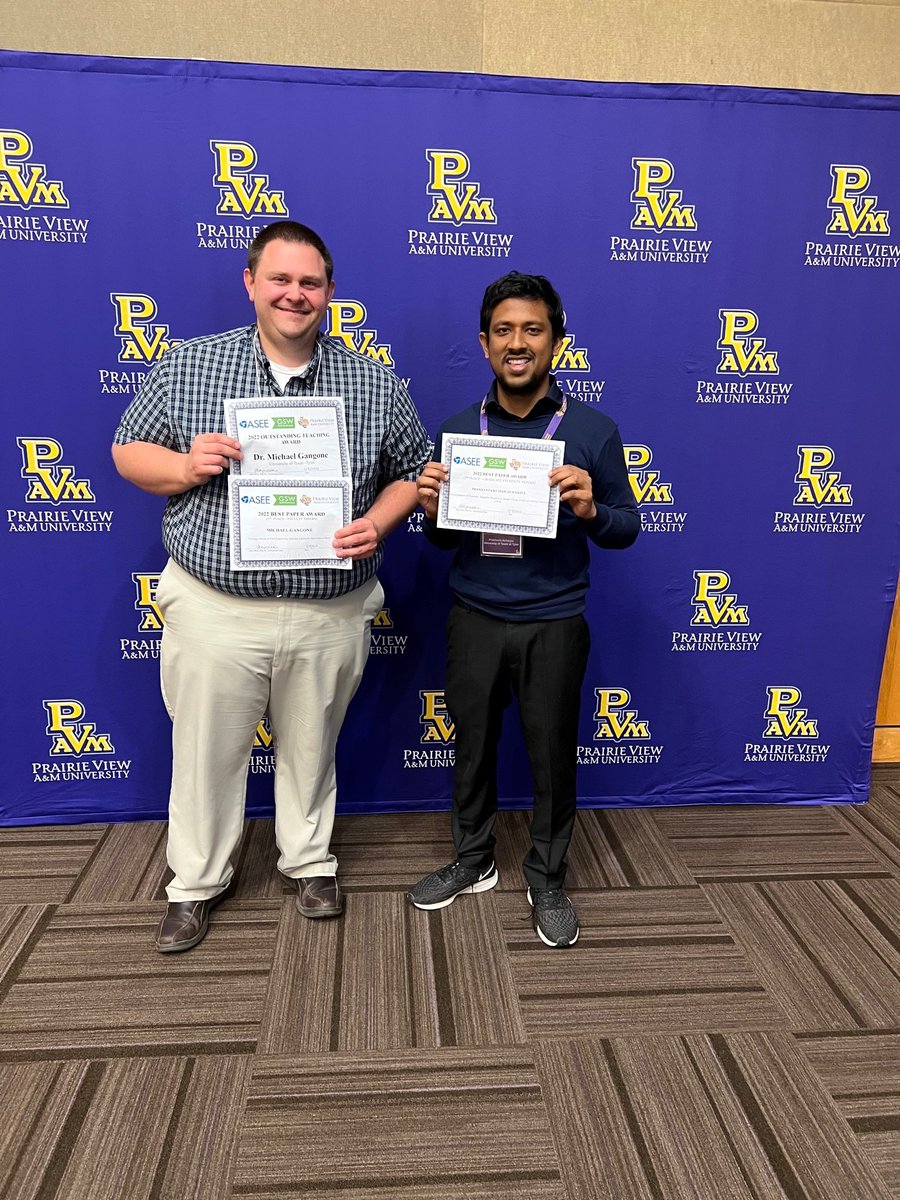 UTTylerCOE's tweet photo. Congratulations to Dr. Michael Gangone, Dr. Michael McGinnis, Dr. Mena Souliman, and graduate student Prachanta Kumar Acharjee on winning awards at the 2022 American Society of Engineering Education! 🥳🏆 #UTTyler #CONGRATULATIONS https://t.co/QtwY8ewbhV