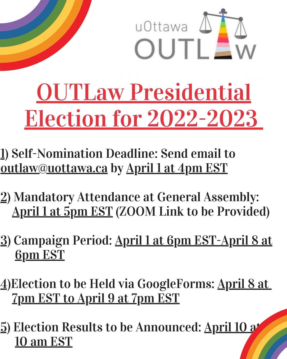 OUTLaw Presidential Election 2022-2023: Call for Nominations!

Indicate via email to outlaw@uottawa.ca  if you are interested in running individually or as a pair, and include a blurb on why you want to lead OUTLaw for 2022-2023 and what you hope to accomplish by April 1 at 4 pm!