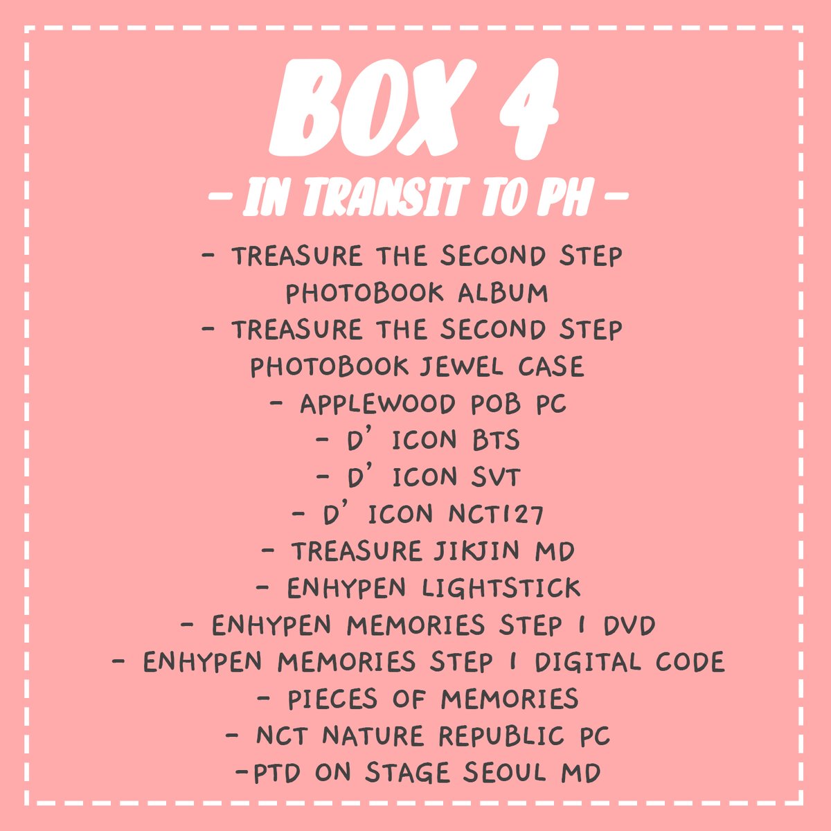 dbkshop's tweet photo. #DBKShopUpdates

BOX 4 has been shipped last last week.

To those who order item/s from this box, we will email you once the box arrived here in PH. https://t.co/qjCoToW0LA
