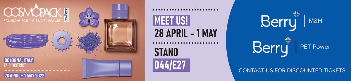 berry_m_h's tweet image. Berry M&amp;amp;H &amp;amp; Berry PET Power will be exhibiting at Cosmopack Bologna, Italy, 28th April -1st May 2022 we&apos;d love to see you at stand D44/E27 we have discounted tickets available, contact mhmarketing@berryglobal.com for more information!
#OneBerry #cosmoprofbologna #exhibition2022