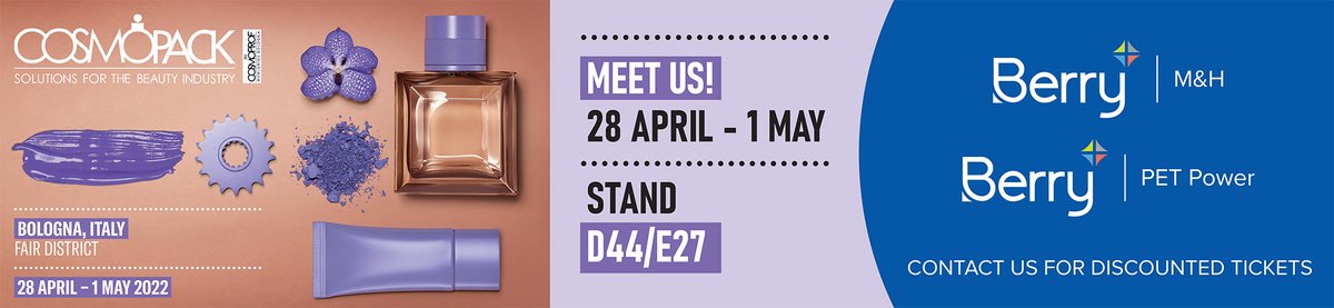 Berry M&H & Berry PET Power will be exhibiting at Cosmopack Bologna, Italy, 28th April -1st May 2022 we'd love to see you at stand D44/E27 we have discounted tickets available, contact mhmarketing@berryglobal.com for more information! #OneBerry #cosmoprofbologna #exhibition2022