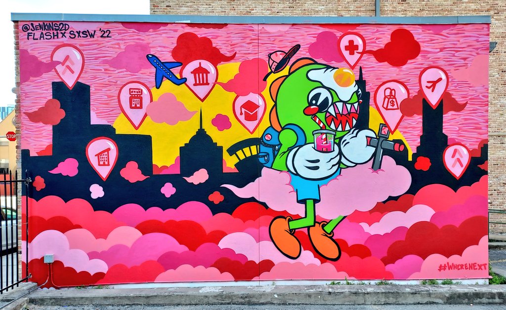 LuckyTagsArmada's tweet photo. I can't tell you guys enough how much of a fun and wild journey this wall was. A lot went into, not just the process, but even the preprocess. 430 San Jacinto Blvd if you're in Austin! 

#jenkins2d #flashparking #SXSW #mural #streetart #thirdeyefried #art #LuckyTagsArmada https://t.co/ifdiQyKSYw
