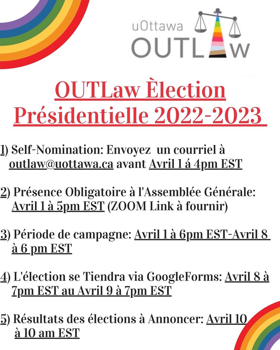Élection présidentielle OUTLaw 2022-2023:

Indiquez par courriel à outlaw@uottawa.ca si vous êtes intéressé à courir individuellement ou en duo, et incluez une brève explication pourquoi vous voulez diriger président et ce que vous espérez accomplir d'ici le 1er avril à 16 h!