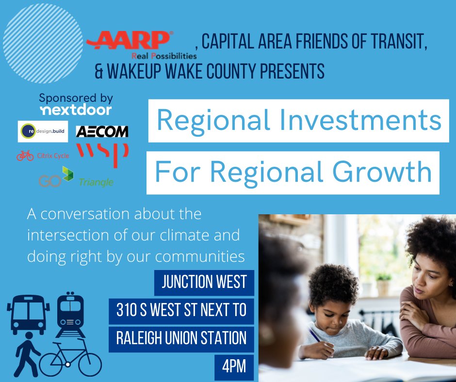 wakeupwake's tweet image. @wakeupwake @CAFTrans @TriangleAARP are excited to present Regional Investments for Regional Growth on April 7th. Vernice Miller-Travis will talk about the intersection of environmental justice and good climate policy in a regional transit network. RSVP: bit.ly/3LcMHr4