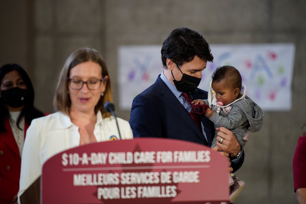 JustinTrudeau's tweet photo. We’re cutting child care fees in half by the end of the year for families across Ontario – and making $10-a-day child care a reality within four years. For more on how we’re helping parents save thousands of dollars each year, click here: https://t.co/lTrOkEMRRR https://t.co/gqb9KRNin5