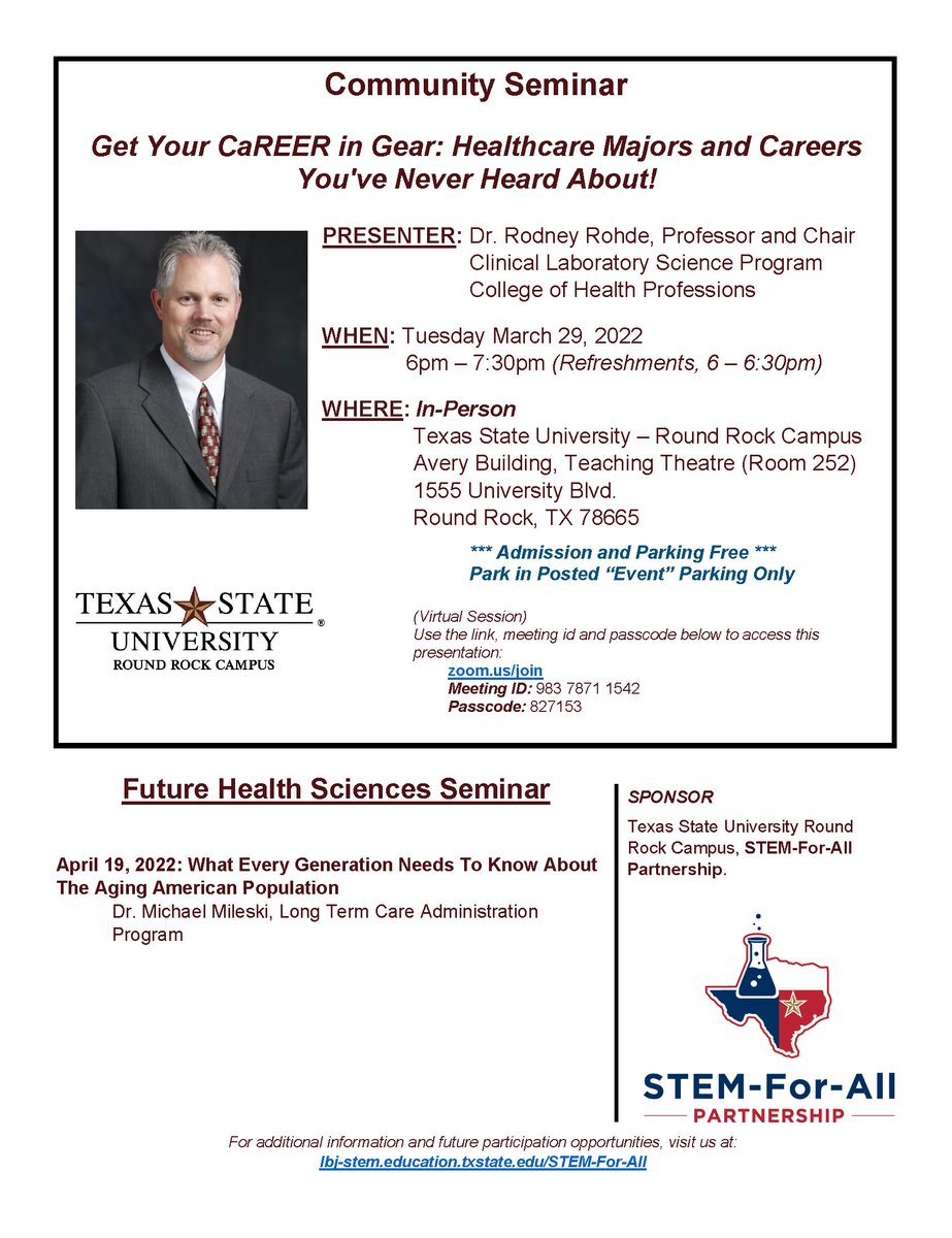 Reminder: Tuesday, March 29, 2022 - Presentation begins about 6:30PM CST.  In-person AND Zoom!

CC: <a href="/txst/">Texas State University</a> @HSI_STEM_IMPACT <a href="/NASA/">NASA</a> <a href="/NASASTEM/">Broken Link</a> <a href="/txstrrc/">Texas State University Round Rock</a> <a href="/TXSTchpResearch/">TXST CHP Office of Research</a> <a href="/TXSTHonors/">Honors College at TXST</a> <a href="/TXST_COERO/">COERO_TXST</a> <a href="/TXSTCOE/">College of Education at TXST</a> @TXSTDeanEd <a href="/TXSTAdmissions/">Texas State Admissions</a> <a href="/BobcatPreview/">Bobcat Preview</a> <a href="/roundrock/">City of Round Rock</a> <a href="/RoundRockISD/">Round Rock ISD</a> <a href="/accfacstaff/">ACC Faculty & Staff</a>