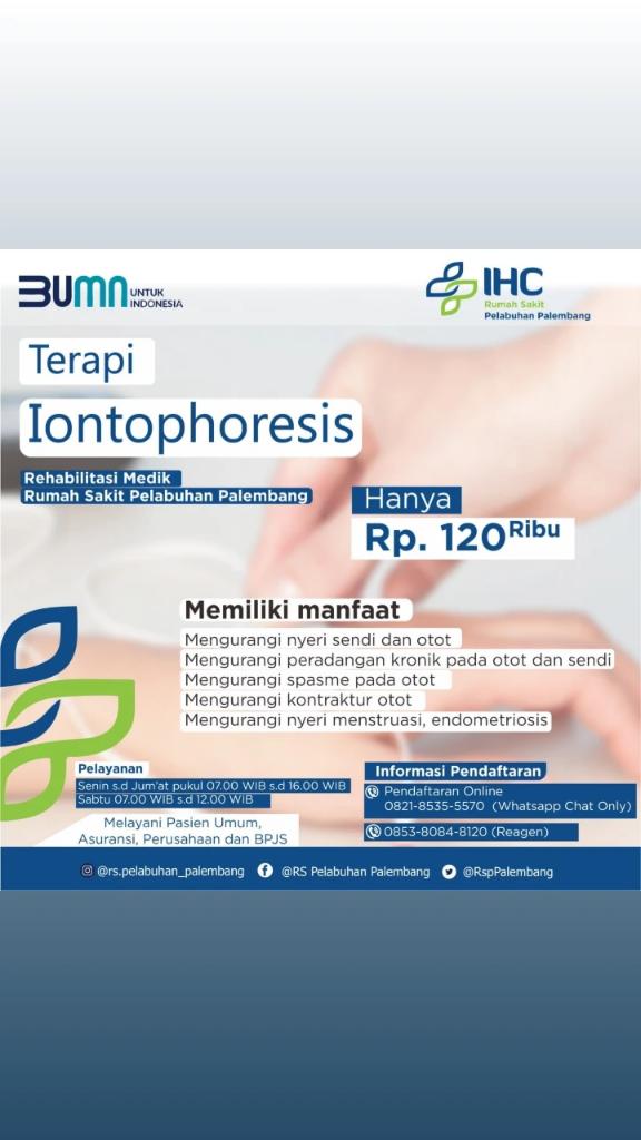 RspPalembang's tweet photo. Halo sobat rs pelabuhan palembang, rs pelabuhan palembang kini dapat melayani terapi iontophoresis ya, yang banyak sekali manfaat, ayoo segera hubungi kontak di e flayer ya untuk informasi pendaftaran https://t.co/Sb0mGVTnfk