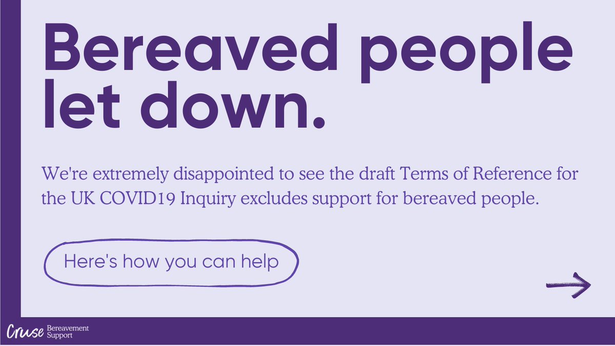 CruseSupport's tweet photo. We need your help.
 
We're extremely disappointed that support for bereaved people has been sidelined in the #Covid19 inquiry’s draft Terms of Reference.
 
Bereaved people cannot be forgotten.
 
Here's how you can help 👇
https://t.co/636Qd1gqe4 https://t.co/nEEsgHWjWj