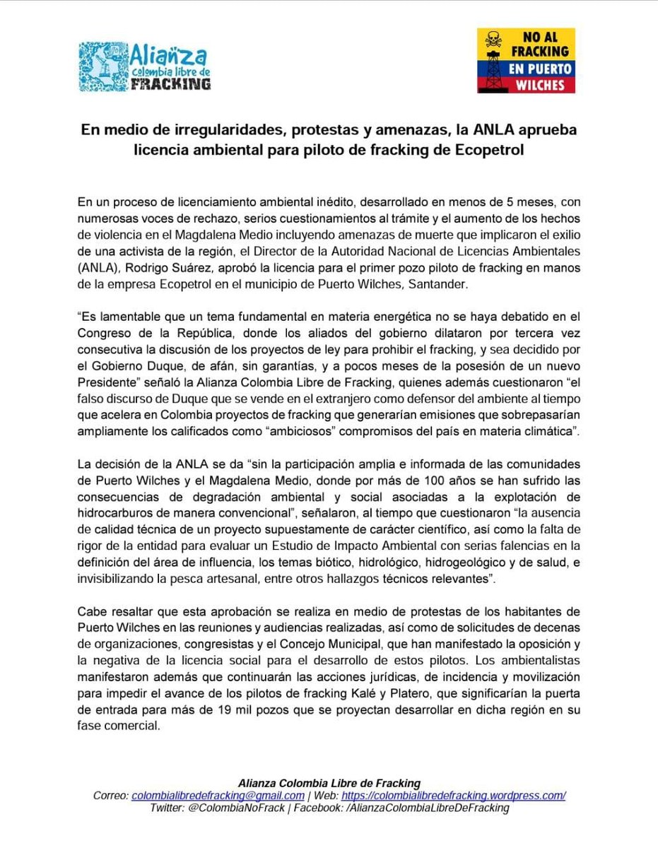 sutimacnal's tweet photo. ¡ALERTA!🚨
EL GOBIERNO APROBÓ LOS PILOTOS DE FRACKING KALÉ
Llamamos a la ciudadanía, organizaciones defensoras del territorio y los DDHH, a pronunciarse y movilizarse en contra del Fracking en Colombia. ⬇️ https://t.co/7mviYQcZqw