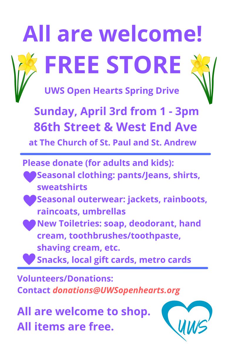 openheartsnyc's tweet photo. We've got another Free Store coming up on the UWS on Sunday, April 3rd in collaboration with the Church of St. Paul and St. Andrew! Come shop--everyone is welcome! https://t.co/IzK5aisVq6