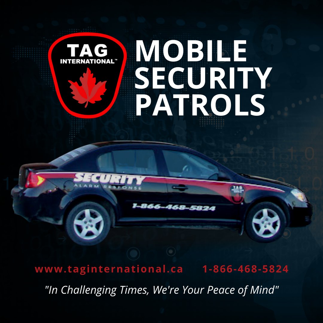 TagInternation3's tweet image. Mobile Security Patrols - This service provides protection and a very real deterrent to theft, vandalism and trespass. 

Email info@taginternational.ca
☎️ 1-866-468-5824
taginternational.ca