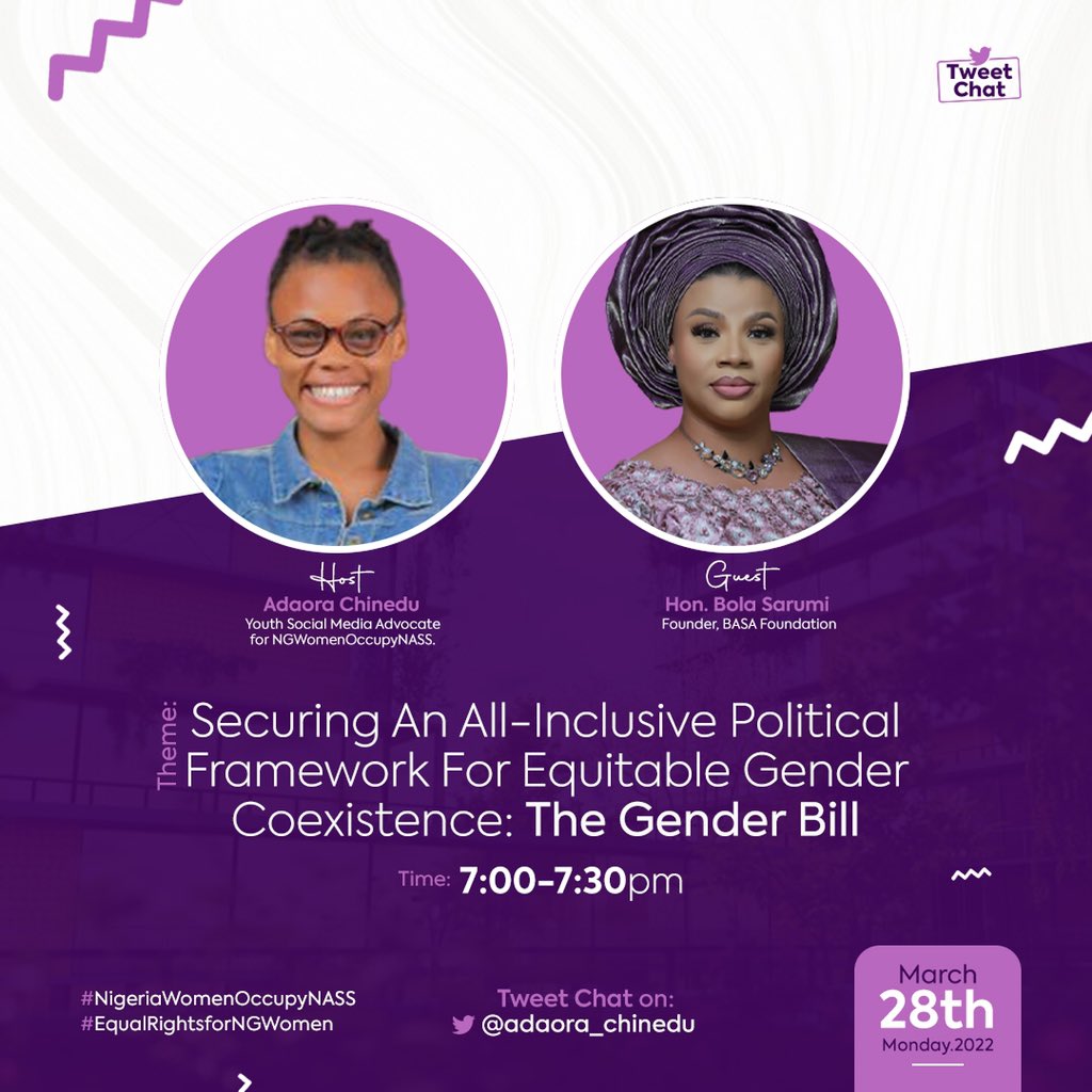 Join I and the eclectic Hon.  @Bolasarumi_ali @6pm, in this tweet conversation to discuss how we, at #NGWomenOccupyNASS can secure an all-inclusive spot at National, Local and congress politics for equitable gender co-existence. See you soon.

#EqualRightForNGWomen.