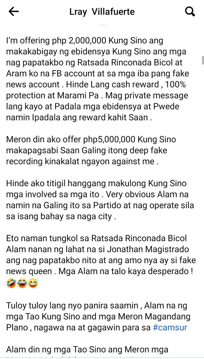 PinkJourna's tweet photo. LOOK: Incumbent Cong. Lray Villafuerte denies making fake news and says the audio is a deep fake, linking a youtube video about deep fake audios.

The audio's earliest source in facebook is ARAM KO NA page. More updates to come.

#MovePH
#PHVote https://t.co/3uALJNHIEs