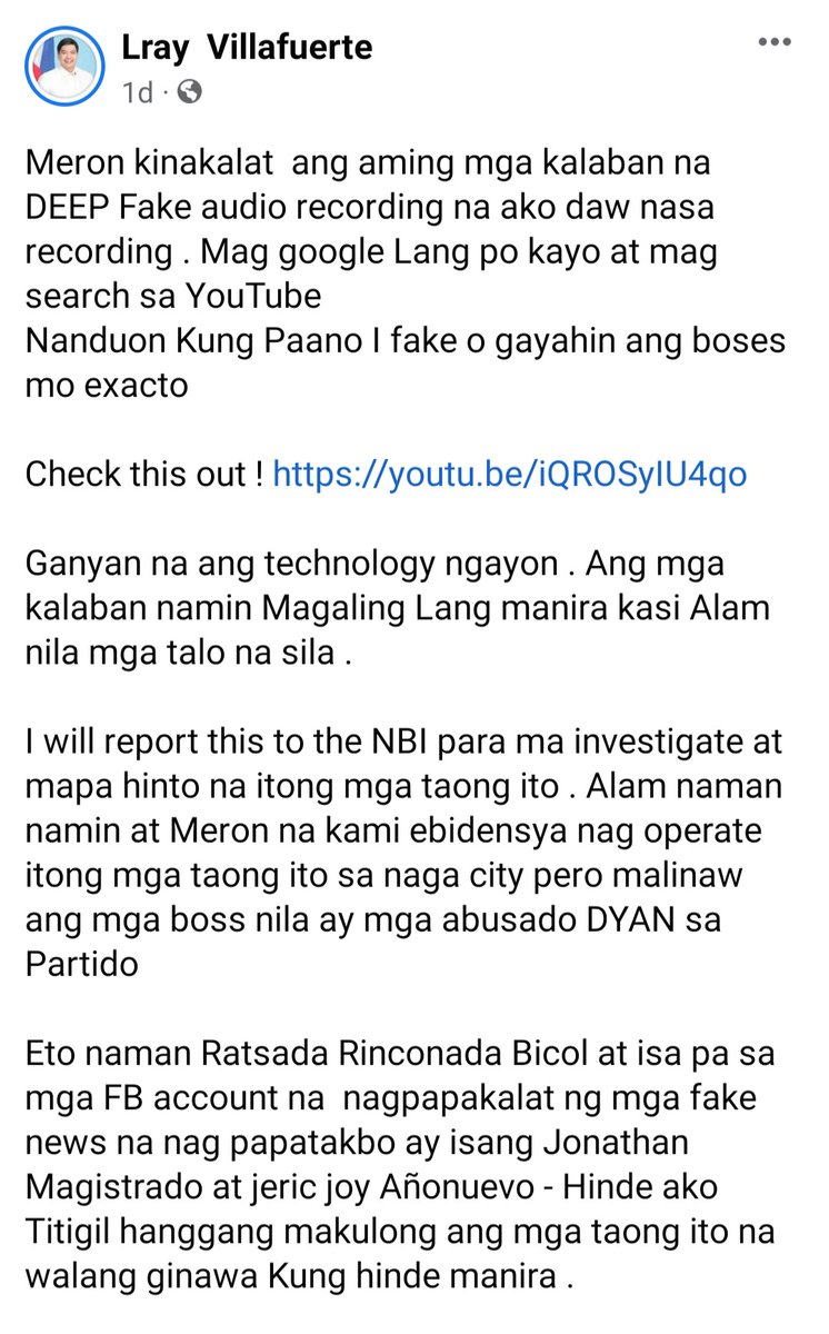PinkJourna's tweet photo. LOOK: Incumbent Cong. Lray Villafuerte denies making fake news and says the audio is a deep fake, linking a youtube video about deep fake audios.

The audio's earliest source in facebook is ARAM KO NA page. More updates to come.

#MovePH
#PHVote https://t.co/3uALJNHIEs