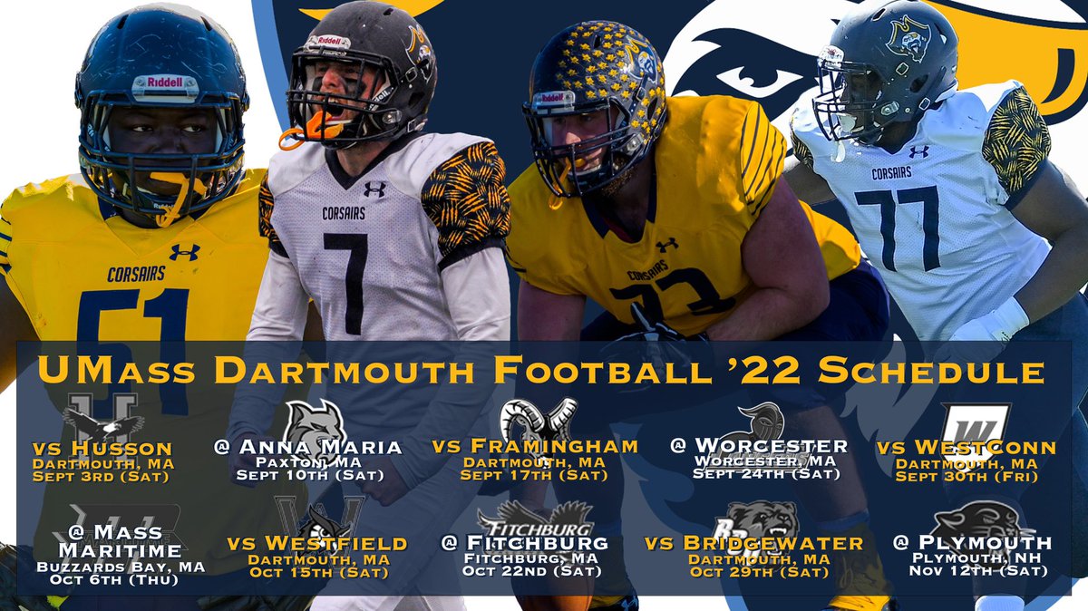 🚨’22 Schedule Announcement🚨
Your ’22 Corsairs will be lead by Senior Captains: Mekhi Geter (West Haven, CT/@WHschools), JP Mason (Providence, RI/@HendrickenFBall), Andrew Paulus (Milford, CT/<a href="/JLHSAthletics/">Jonathan Law Athletics</a>), &amp; Marcus Elysee (Framingham, MA/<a href="/FHSFlyersSports/">Framingham Athletics</a>) #d3fb

#WinTheRep🏴‍☠️