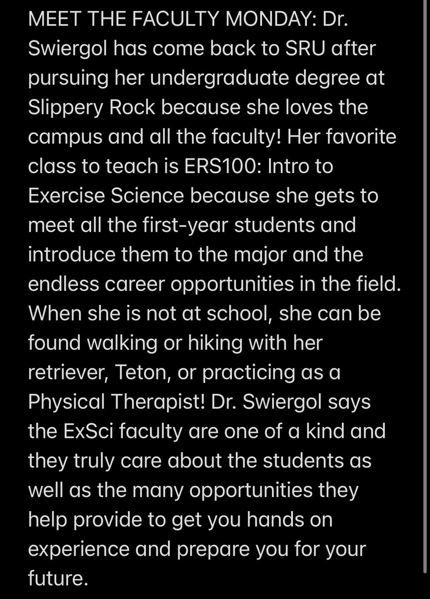 SRUExSci's tweet image. MEET THE FACULTY MONDAY: Dr. Swiergol! #exercisescience #exercisesciencemajor #exsci #handsonlearning #learnbydoing #slipperyrockuniversity #sru #gorock