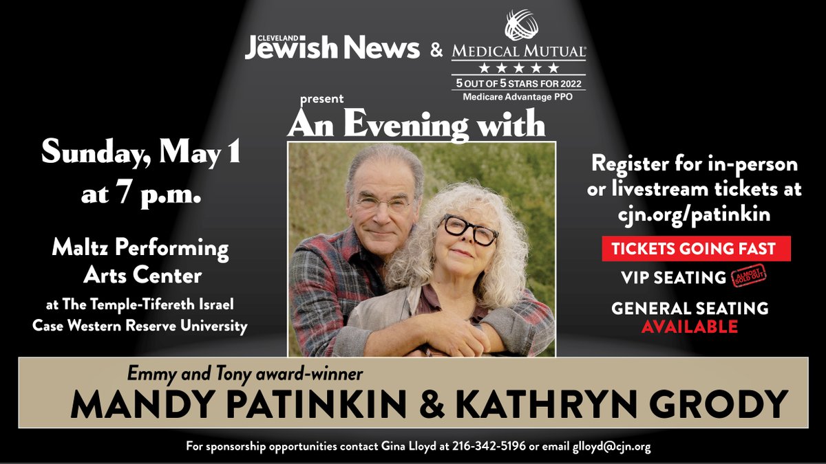 Cleveland Jewish News and Medical Mutual present An Evening with <a href="/PatinkinMandy/">Mandy Patinkin</a> and Kathryn Grody. Join <a href="/CleveJN/">Cleveland Jewish News</a> at 7 p.m. Sunday, May 1, at @maltzcenter in Cleveland. Register for in-person or livestream tickets! Limited VIP seats available. cjn.org/patinkin