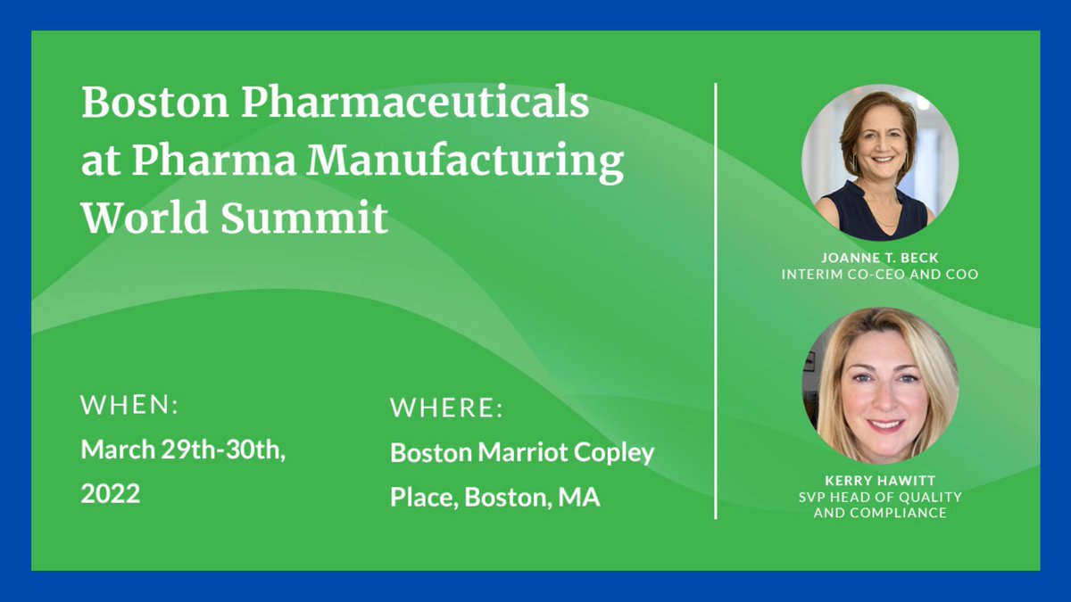 Catch BP at <a href="/EP_PharmaMan/">PMWS by Executive Platforms</a> this week, March 29-30, at the Boston Marriot Copley Place in Boston! Joanne Beck, Interim Co-CEO and COO, will be chairing the event, and Kerry Hawitt Ph.D., SVP Head of Quality and Compliance, will be leading a session.  #pharmamanufacturing #pharma