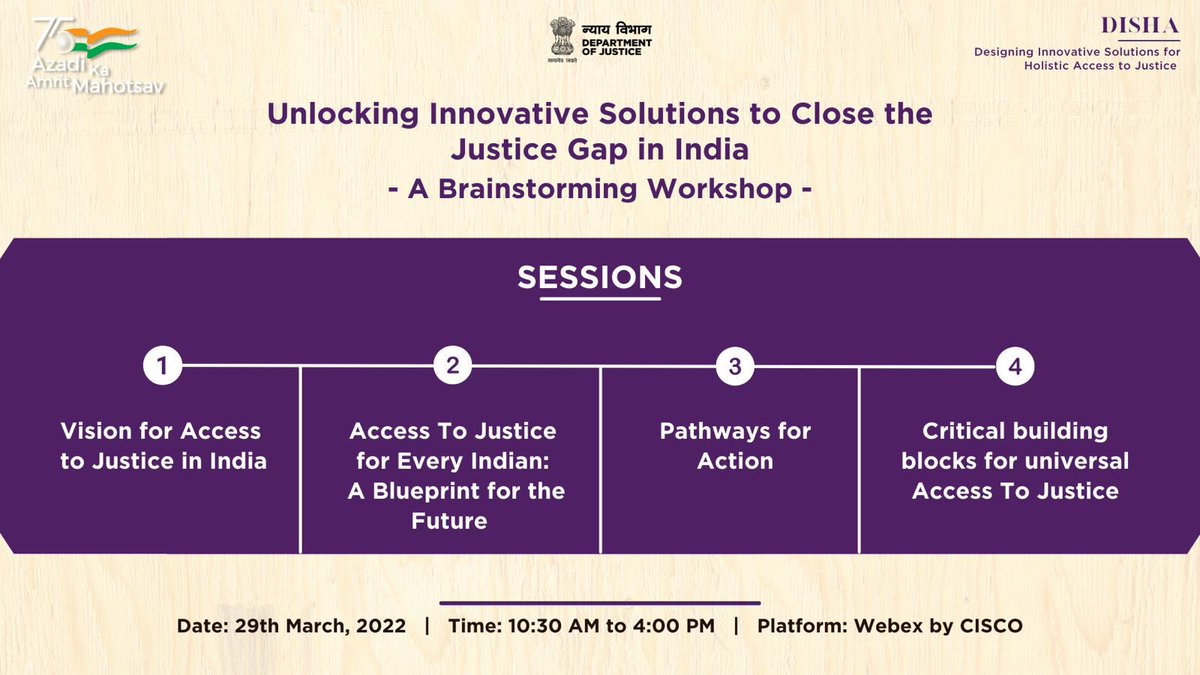 MLJ_GoI's tweet photo. 'Unlocking Innovative Solutions to Close the Justice Gap in India' a brainstorming workshop to be held on 29/3/2022 at 10:30 am; Join by using CISCO Webex platform. Four back to back insightful sessions will be held to deliberate on pertinent topics. 
#LawTalks https://t.co/W9ZaML548G