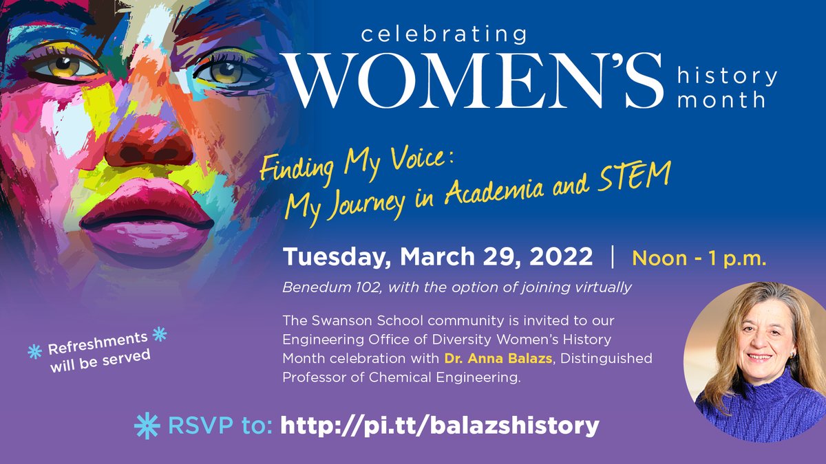 Swanson School of Engineering (@pittengineering) on Twitter photo Tomorrow the Office of Diversity celebrates #WomensHistoryMonth with a talk by <a href="/ChemePitt/">Pitt ChemE</a> Distinguished Professor and <a href="/theNASciences/">National Academy of Sciences</a> <a href="/theNAEng/">National Academy of Engineering</a> <a href="/theNASEM/">National Academies</a> new member, Dr. Anna Balazs.
Can't join in person? Register at the link and join us virtually!
pitt.co1.qualtrics.com/jfe/form/SV_0o… Tomorrow the Office of Diversity celebrates #WomensHistoryMonth with a talk by <a href="/ChemePitt/">Pitt ChemE</a> Distinguished Professor and <a href="/theNASciences/">National Academy of Sciences</a> <a href="/theNAEng/">National Academy of Engineering</a> <a href="/theNASEM/">National Academies</a> new member, Dr. Anna Balazs.
Can't join in person? Register at the link and join us virtually!
pitt.co1.qualtrics.com/jfe/form/SV_0o…