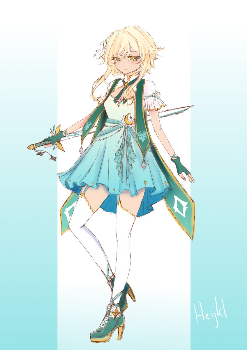 Heijkl's tweet photo. I forgot how much I love to design clothes. It was sooo much fun :> wonder if we will get some traveller skins soon ;3; here is Lumine in an Mondstadt Windblume Festival outfit ! (with a modified dull blade lmao). https://t.co/3qTU8nTxlE
