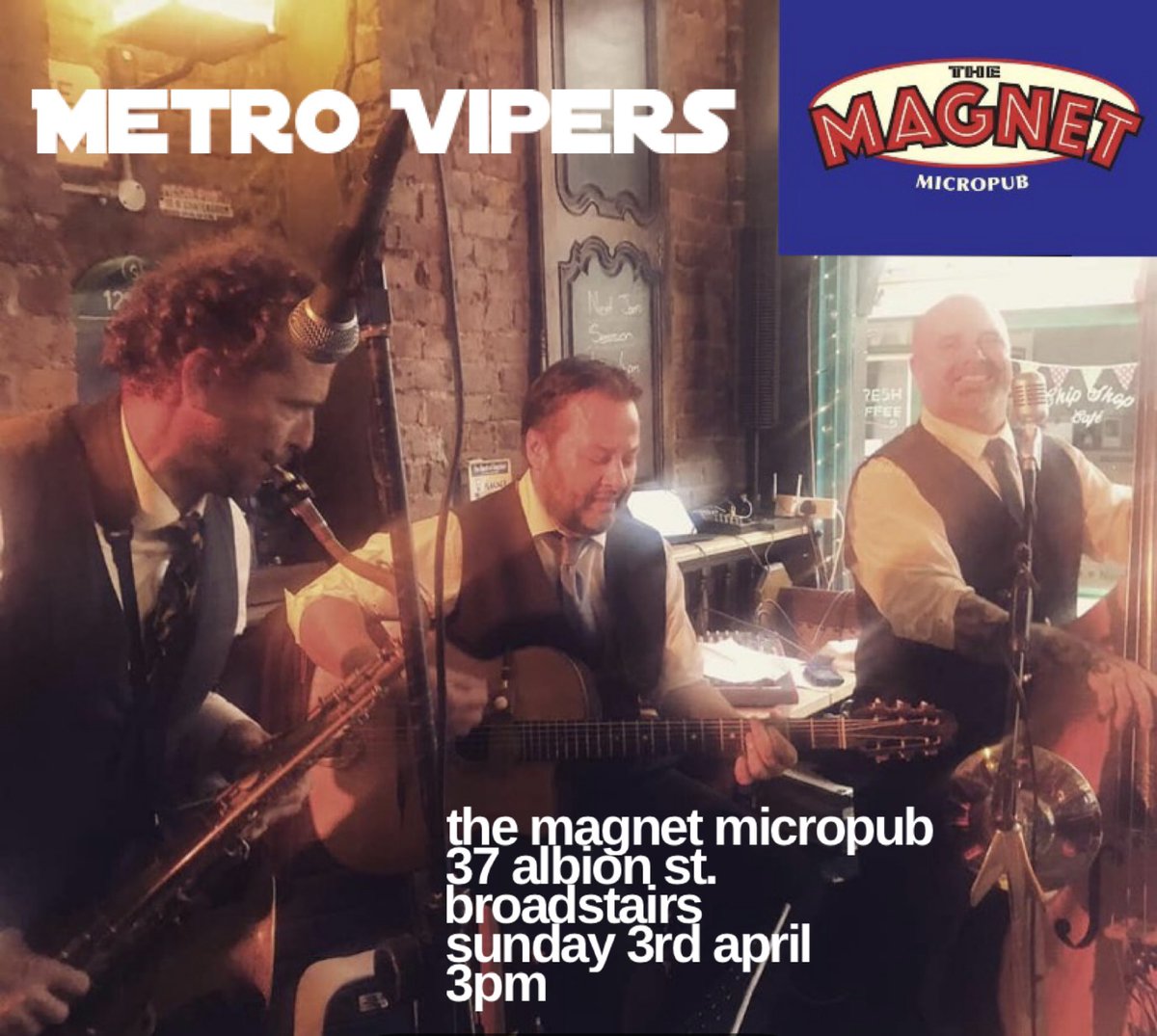 This coming Sunday 3rd April at 3pm you can hear us show no mercy to old songs when we play at @Themagnetmicro1 in #broadstairs #kent come on down for fine beers, atmosphere & swing jazz! #livemusic #isleofthanet #swingjazz