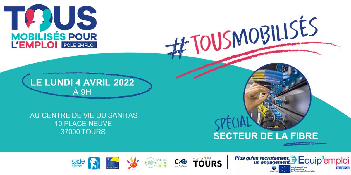 [Evénement] C'est ce lundi, qu'une action #TousMobilisés portée sur le secteur de la #fibre #AvecPôleEmploi et ses partenaires à lieu à #Tours.
Plus d'infos sur 👉 pole-emploi.fr/region/centre-…
<a href="/villedetours/">Ville de Tours</a> <a href="/TDFgroupe/">TDF</a> <a href="/valdeloirefibre/">valdeloirefibre</a> <a href="/ErickKraemer/">Erick KRAEMER</a> @Ch_Delorme