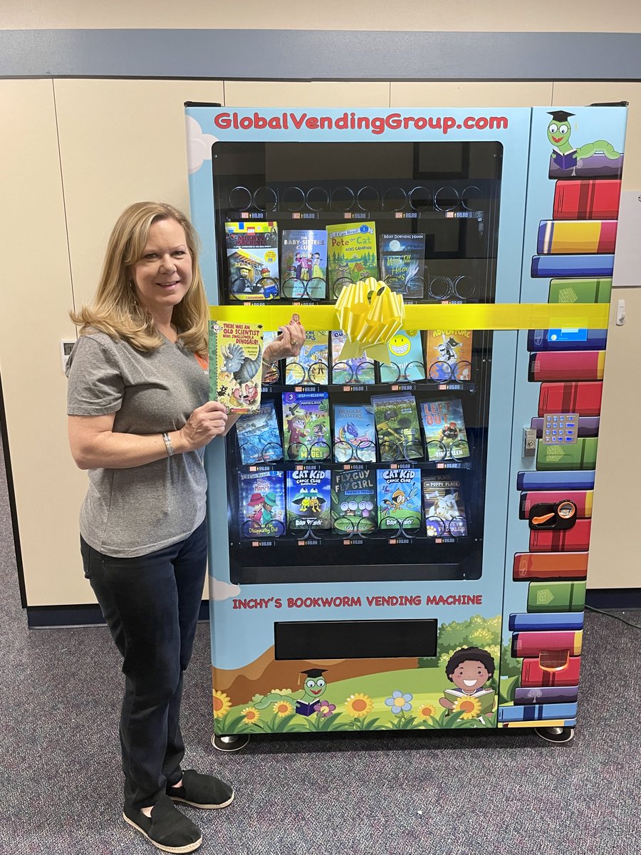 It's finally here! Thanks to our awesome PTA for funding the grant to purchase this! Teachers will award 2 students each 9 weeks with a trip to the <a href="/GlobalVending/">Joseph Burke</a> machine to select a book. <a href="/ValleyCreekMISD/">Valley Creek Elem</a> #VCLibrary #VCCougars #myMISD #BookwormMachine