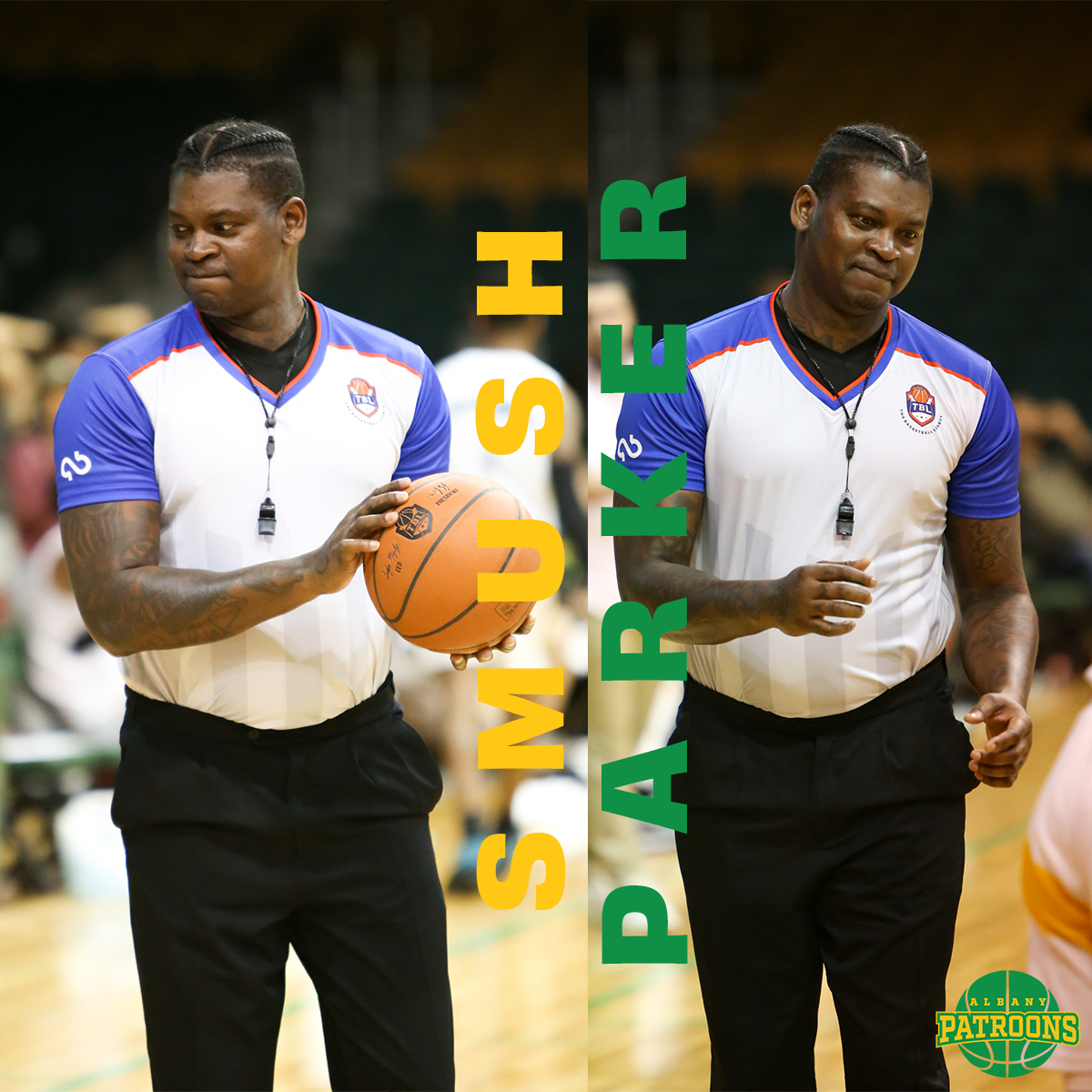 PatroonsAlbany's tweet image. Who else noticed we had a special referee in the house Saturday night! Congratulations to former Patroons legend Smush Parker on continuing an amazing career in basketball!