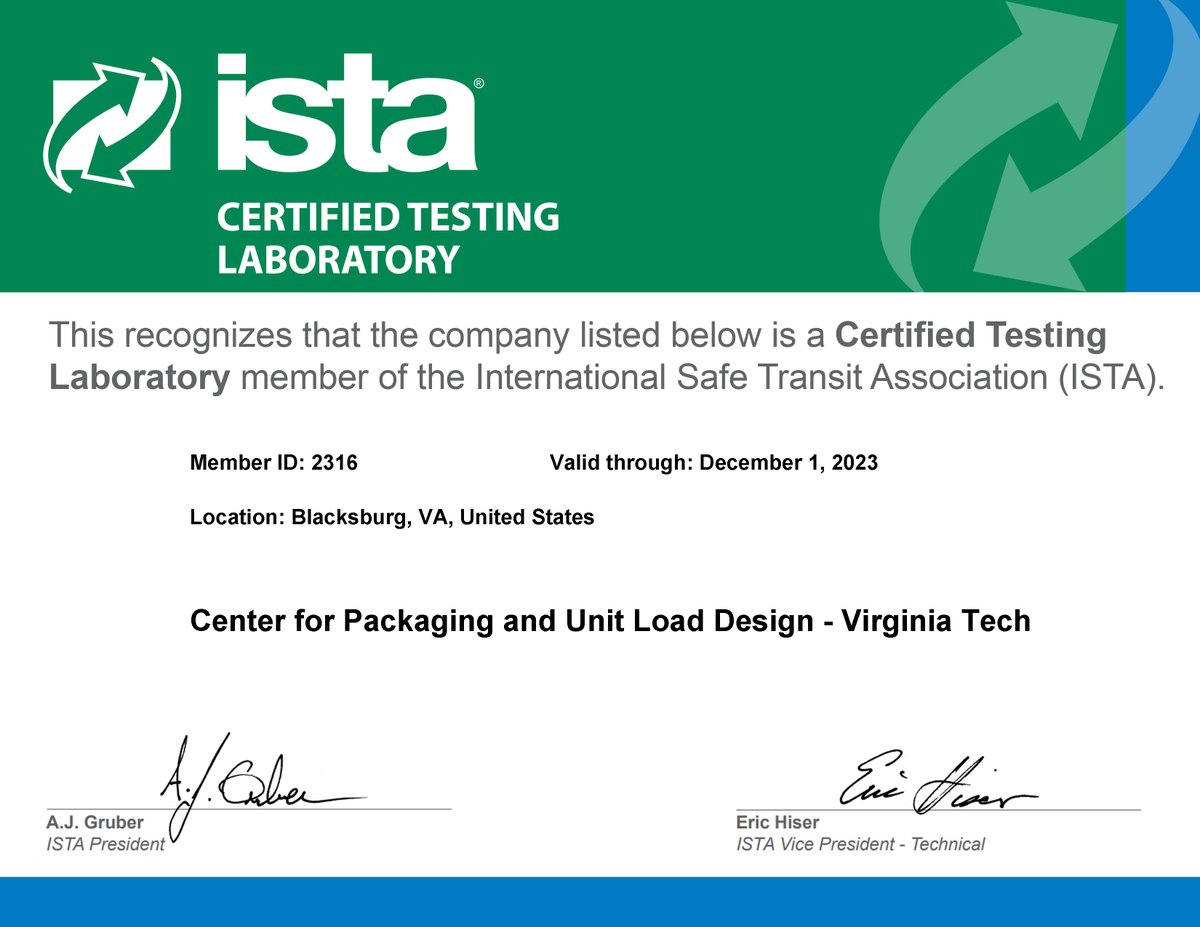 CPULD's tweet photo. CPULD is happy to continue its ISTA certification for another year! We are a certified testing lab, a member of ISTA, and all of our lab workers are certified thru the ISTA CPLP program as well. Read more: https://t.co/JPO963DJeq
#palletlife #handsonhokies #vt #CPULD #ISTA https://t.co/2v5rQpFhIN