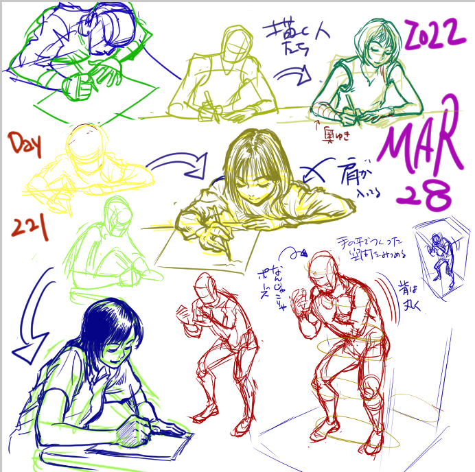 鉄柱 今日の練習 Day221 苦手ポーズ２つ １ なんじゃこりゃポーズ ２ 書く人たち Posemaniacs スケッチ 絵の練習 デッサン 絵 イラスト クロッキー メイキング Character Sketching Drawing Draw Illustration Portrait T Co