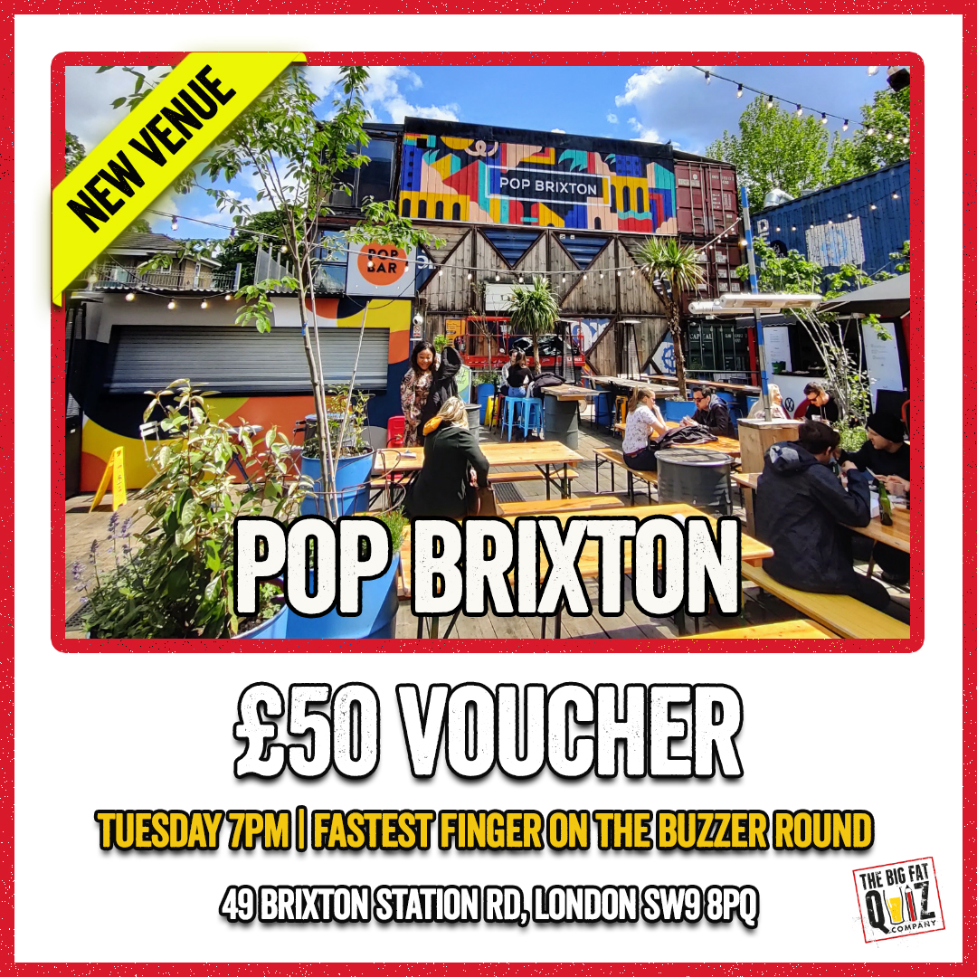 🤩 NEW VENUE KLAXON🤩
A mixture of TRADITIONAL paper and pen quizzing with a SMARTPHONE buzzer challenge round. 📝 📲
WEEKLY
Tuesday 7pm 📆
Over £100 in vouchers to give away 🍻
49 Brixton Station Rd, London SW9 8PQ 🗺️
020 3879 8410 ☎️ or RESERVE A TABLE ONLINE 💻