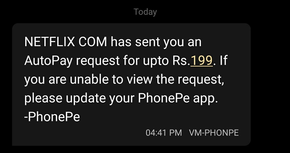 staticsid's tweet photo. Hey @PhonePeSupport why am I getting this notification from @PhonePe ? Both app notification and SMS. (CC: @NetflixIndia) https://t.co/aKsF2Kg2Xf