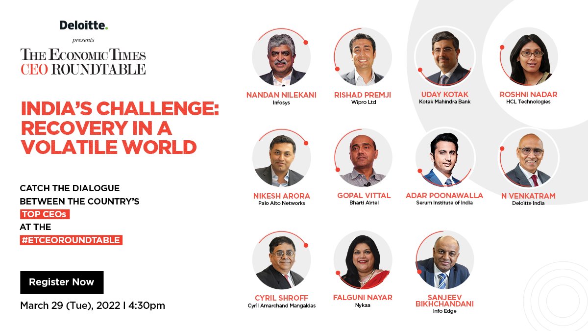 EconomicTimes's tweet photo. Join us at The Economic Times CEO Roundtable to hear top business leaders discuss how India can succeed in these turbulent times.Register Now: https://t.co/AQjl8UYnGu
#ETCEORoundTable #Economy #Volatility #PathAhead https://t.co/L6EZvs0VKr