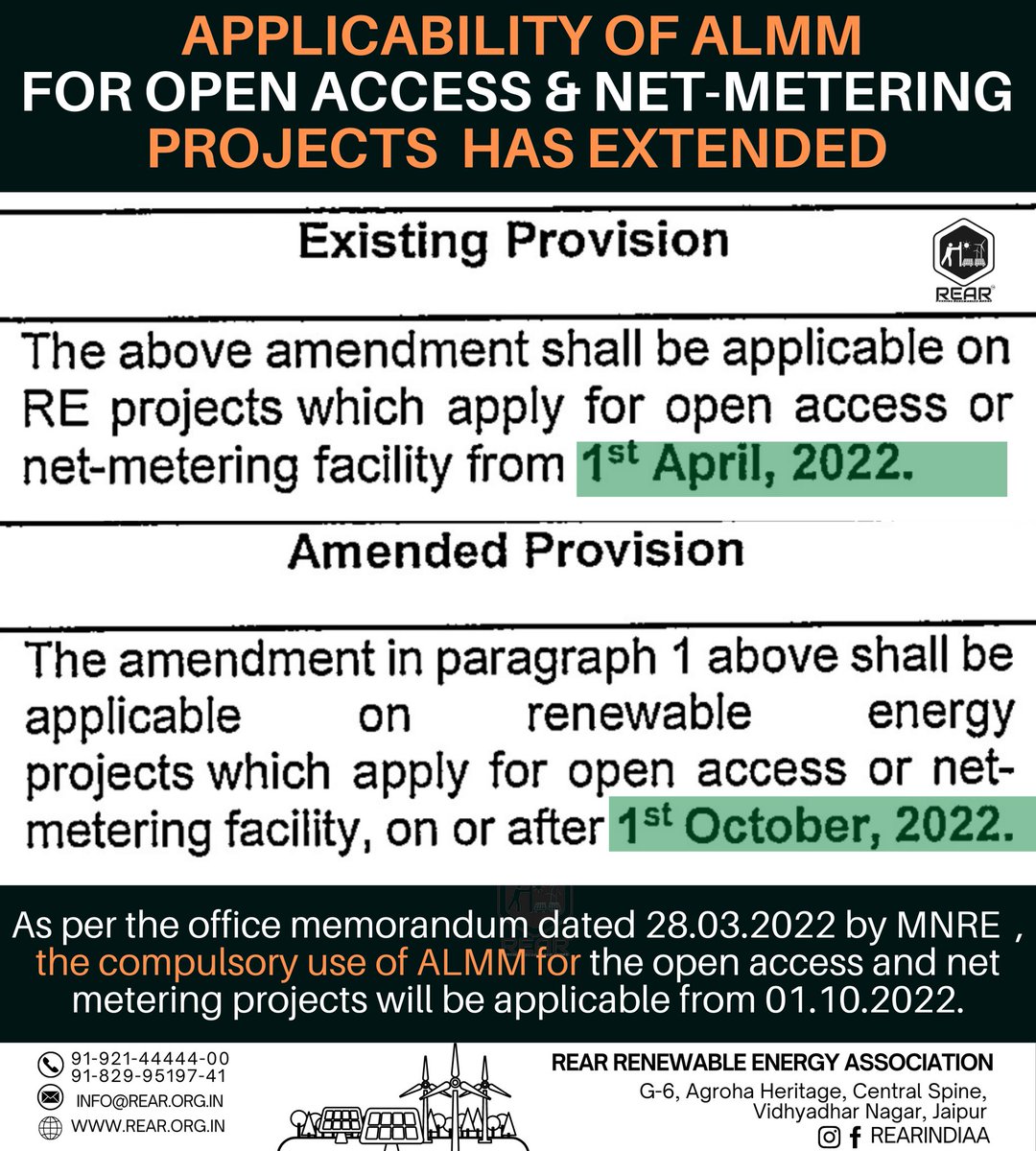 rearindiaa's tweet photo. As per the office memorandum dated 28.03.2022 by MNRE  , the compulsory use of ALMM for the open access and net metering projects will be applicable from 01.10.2022.
 #projects #almm #net_metering #open_access #openaccess #netmeter #solar #pvmodules #solarmodules
@arvindsindhawa https://t.co/zc2izz5dd9