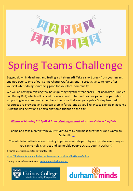 Join our volunteering team for a short break from your essays &amp; pop over to our Spring Charity Craft session. 
If you’re interested, register to volunteer at: …studentvolunteering.teamkinetic.co.uk/profile/Ustino…

#volunteering #spring #teams #challenge #charity #crafts # gcp #ustinovians