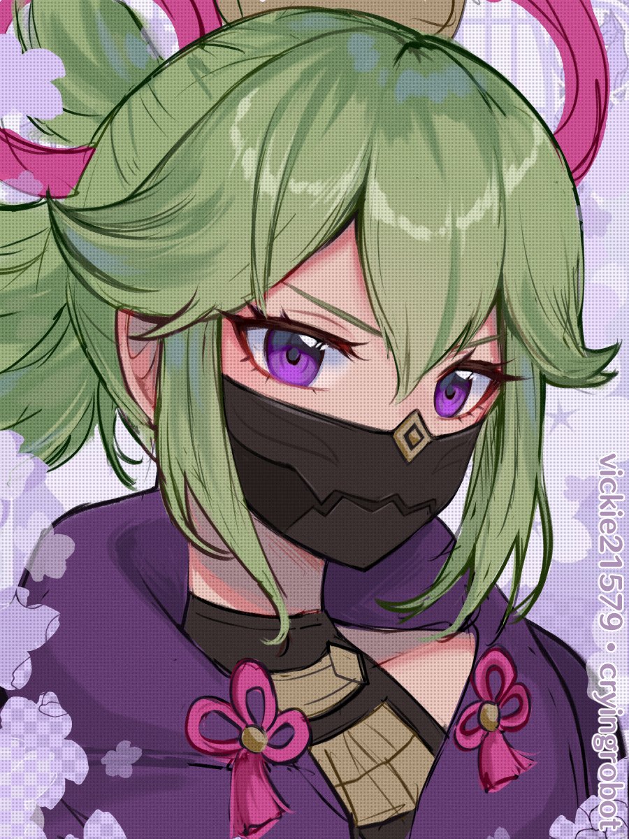 kuki shinobu 1girl green hair purple eyes solo mouth mask mask ninja mask  illustration images