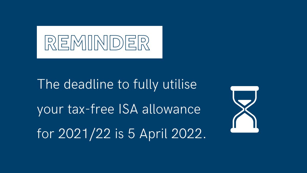 LamontPridmore's tweet photo. Do you know the deadline for using your #ISA allowance for the 2021/22 tax year? ⏳
The date is 5th April 2022 - the end of the #taxyear. 📅
After this, your tax-free ISA allowance for 2021/22 is gone.
#PersonalAccounting #AccountingTips https://t.co/u08U8knAqq