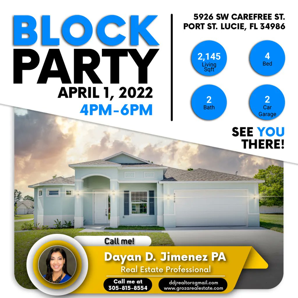 GrozaBuilders's tweet photo. It's a block party this friday!
Come and take a tour of our Harborview Floor Plan, it is a 4 bed/2 bath/ 2 car garage.
*THIS HOME ALREADY HAS A OWNER*
For more information please call 
772-336-7653 X110
https://t.co/4DmLGNUXUh https://t.co/t6DxPdt8Dr