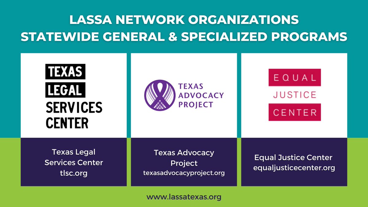 The LASSA Network's Statewide General and Specialized Programs include @TLSC, <a href="/txadvproject/">Texas Advocacy Project</a> and <a href="/EJCjustice/">Equal Justice Center</a>.