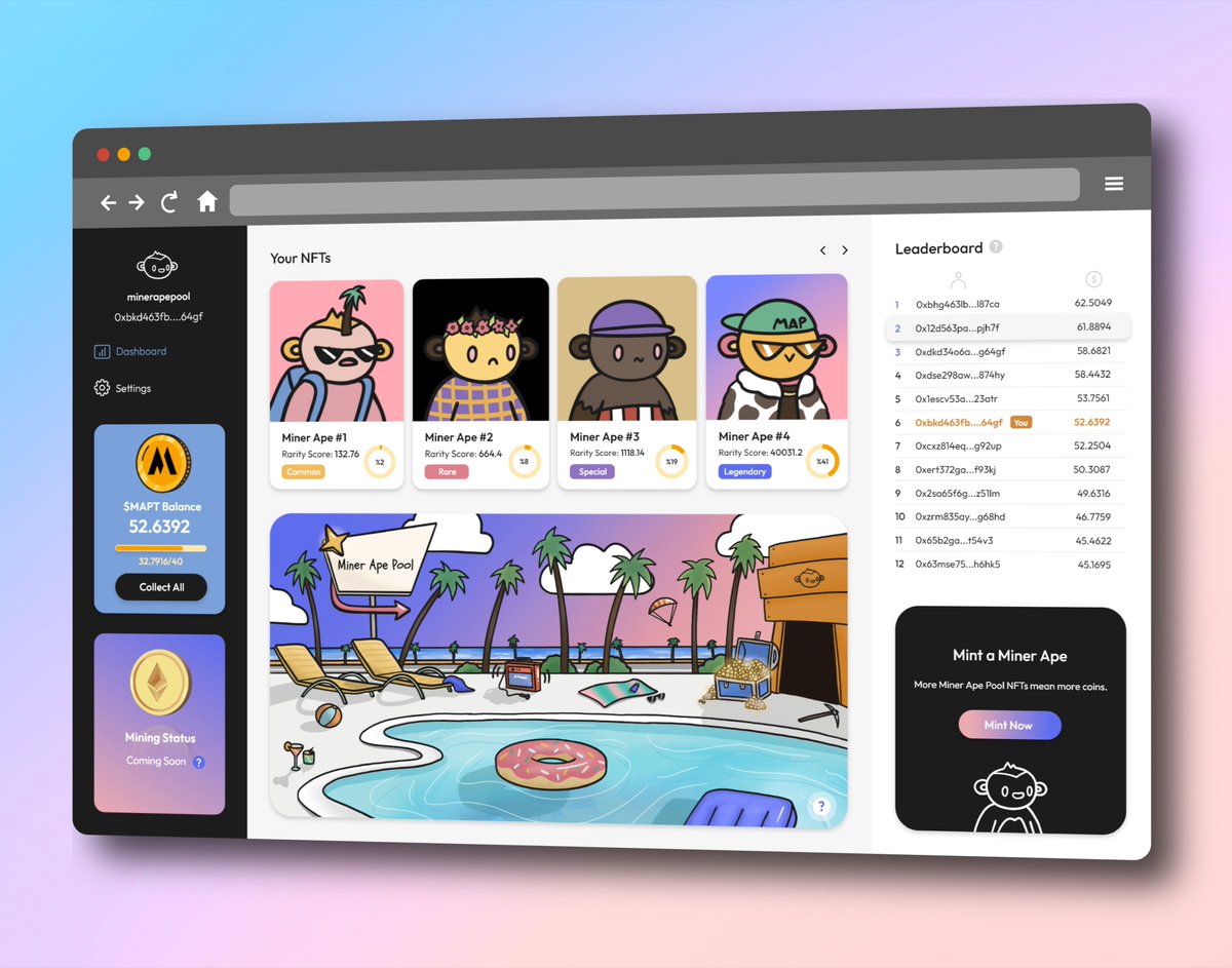 With Miner Ape Pool dApp, 
collect $MAPT,
manage MAP NFTs,
access crypto mining service,
and much more.

This is only beginning.🚀

#NFTs #NFT #UtilityNFT #utilitytoken