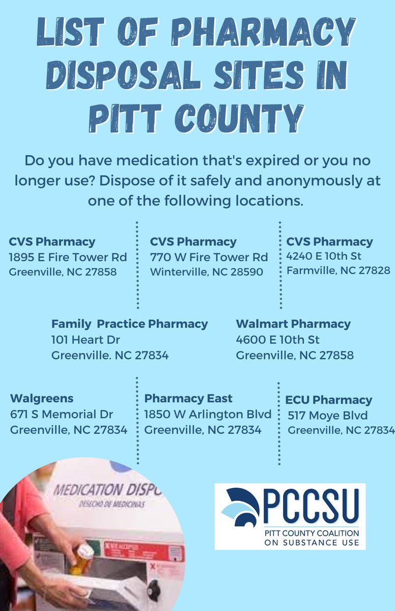 PCCSU’s website has recently added new information regarding pharmacy disposal sites in Pitt County. Make sure to check it out! pccsu.org/pitt-county-ph…